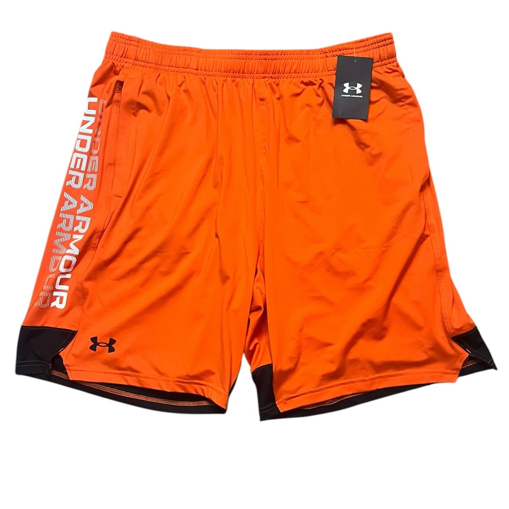 Under Armour Men Large UA Stretch Train G Loose Fit Orange Black Shorts